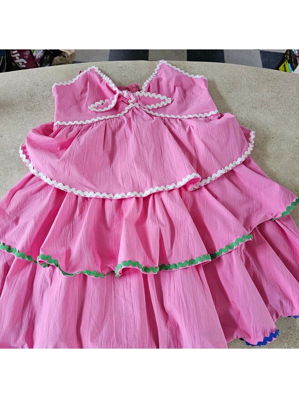 Fanco Pink Tiered Ruffle Dress with Colorful Trim, Size M